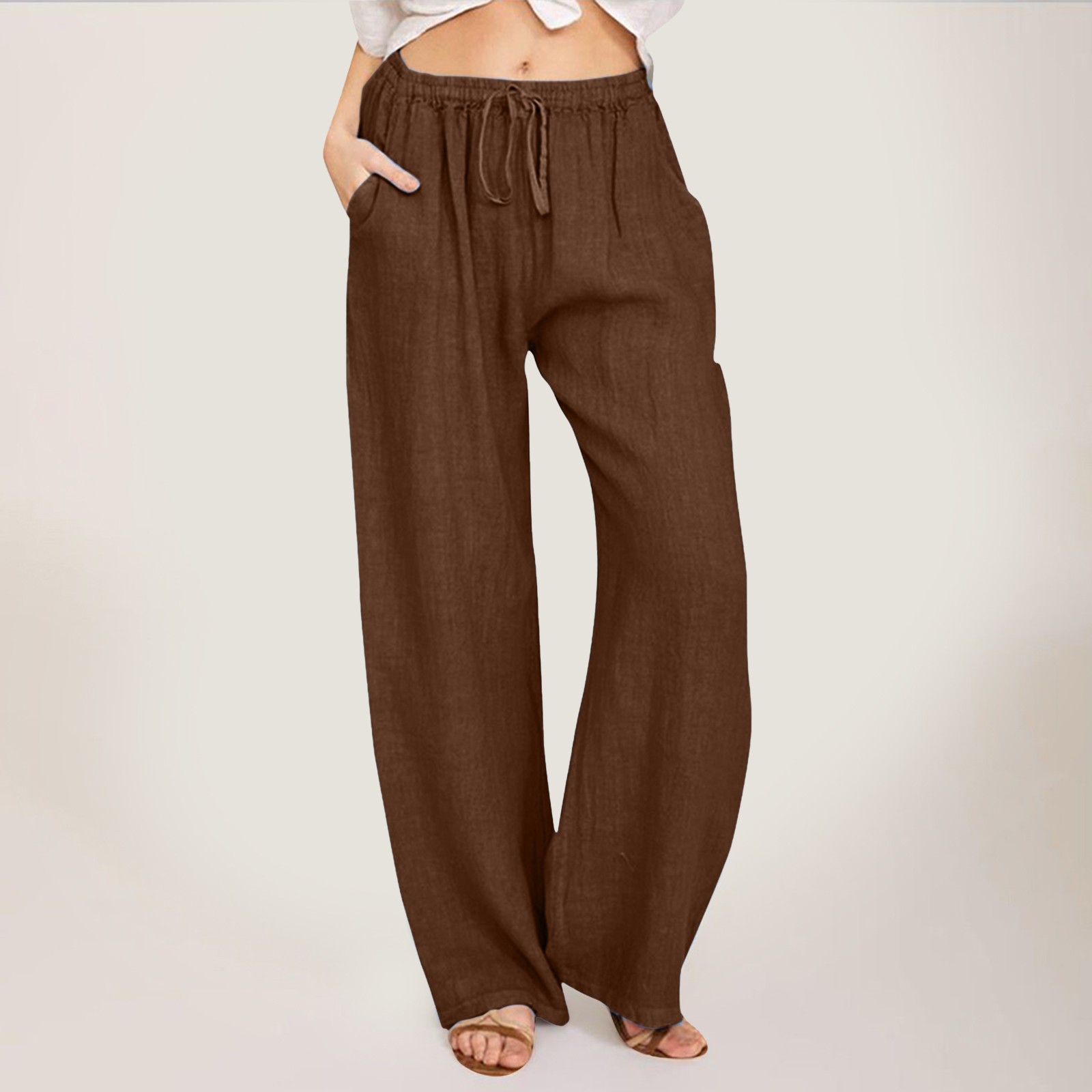 thumbnail image 2 of Pantalones anchos de cintura alta para mujer: pantalones elásticos con cordón, cómodos pantalones largos rectos con bolsillos, poliéster, para todas las ocasiones, 2 of 5
